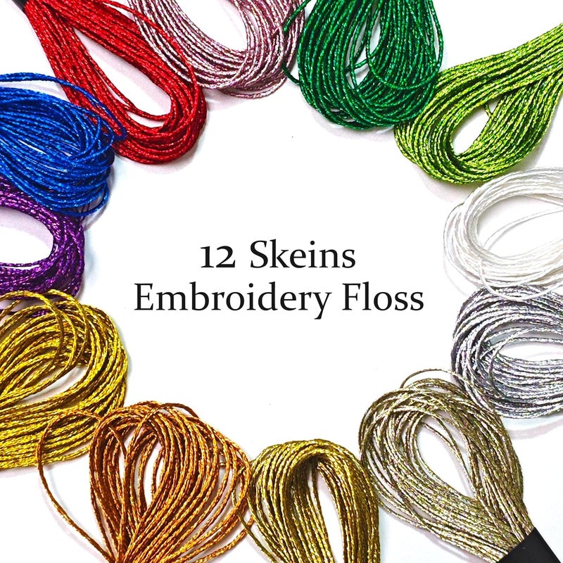 Keromtein 12 Skeins Metallic Embroidery Floss, Multi-Purpose Cross Stitch Thread, Mix Colours Hand Embroidery Supplies（8 m 12 Strands） - Image 2
